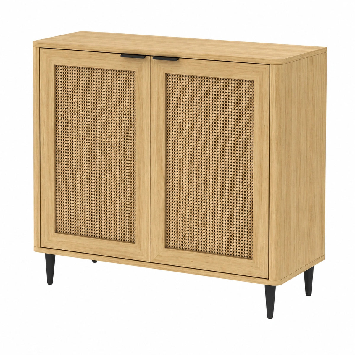Moderner Sideboard Lukhomso mit Rattandetails und Eichenoptik, 2 Türen und 2 Fächer, Wohnzimmer- und Büromöbel, 83x80x40 cm