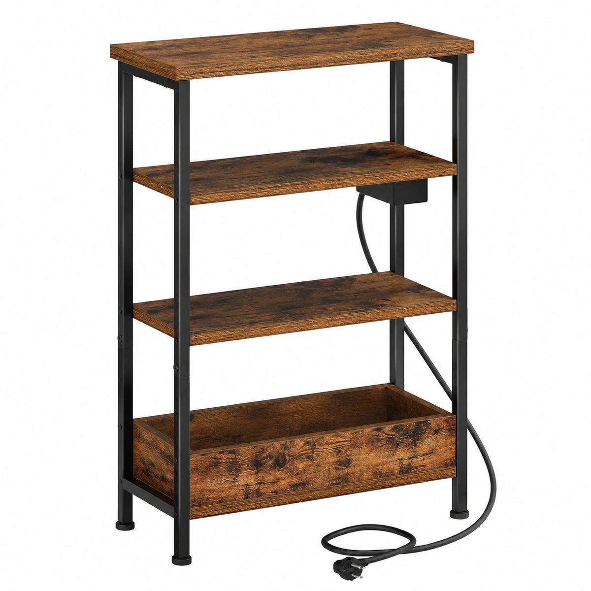 Hzuaneri Schmaler Beistelltisch mit 4 Ebenen und Ladestation, ideal für Wohnzimmer oder Büro, Vintage Braun-Schwarz