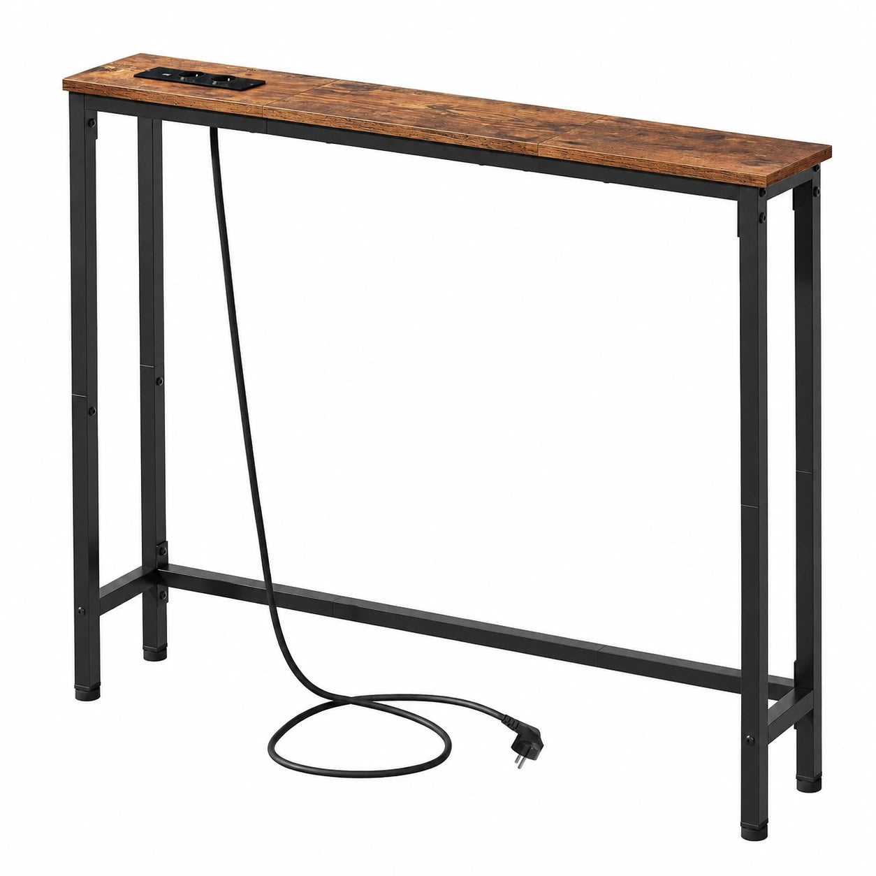 Konsolentisch mit USB-Ladestation, 100 cm schmaler Beistelltisch aus Metall, Vintage-Braun und Schwarz, ideal für Wohnzimmer und Flur