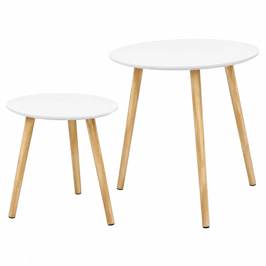 Rundes Beistelltisch-Set im skandinavischen Design, 2 moderne Couchtische mit Massivholzbeinen, ideal für Wohnzimmer und Balkon, Kiefernholz
