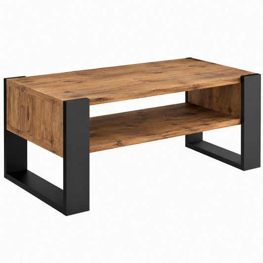 Moderner Wohnzimmertisch aus Massivholz, Couchtisch mit Ablage, Retro-Schwarz