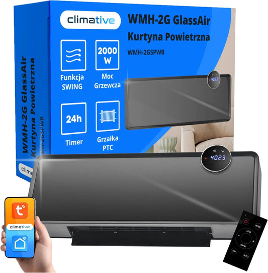 Wentylator szklany, 2000 W, Wi-Fi, pilot zdalnego sterowania, programator czasowy, kolor czarny