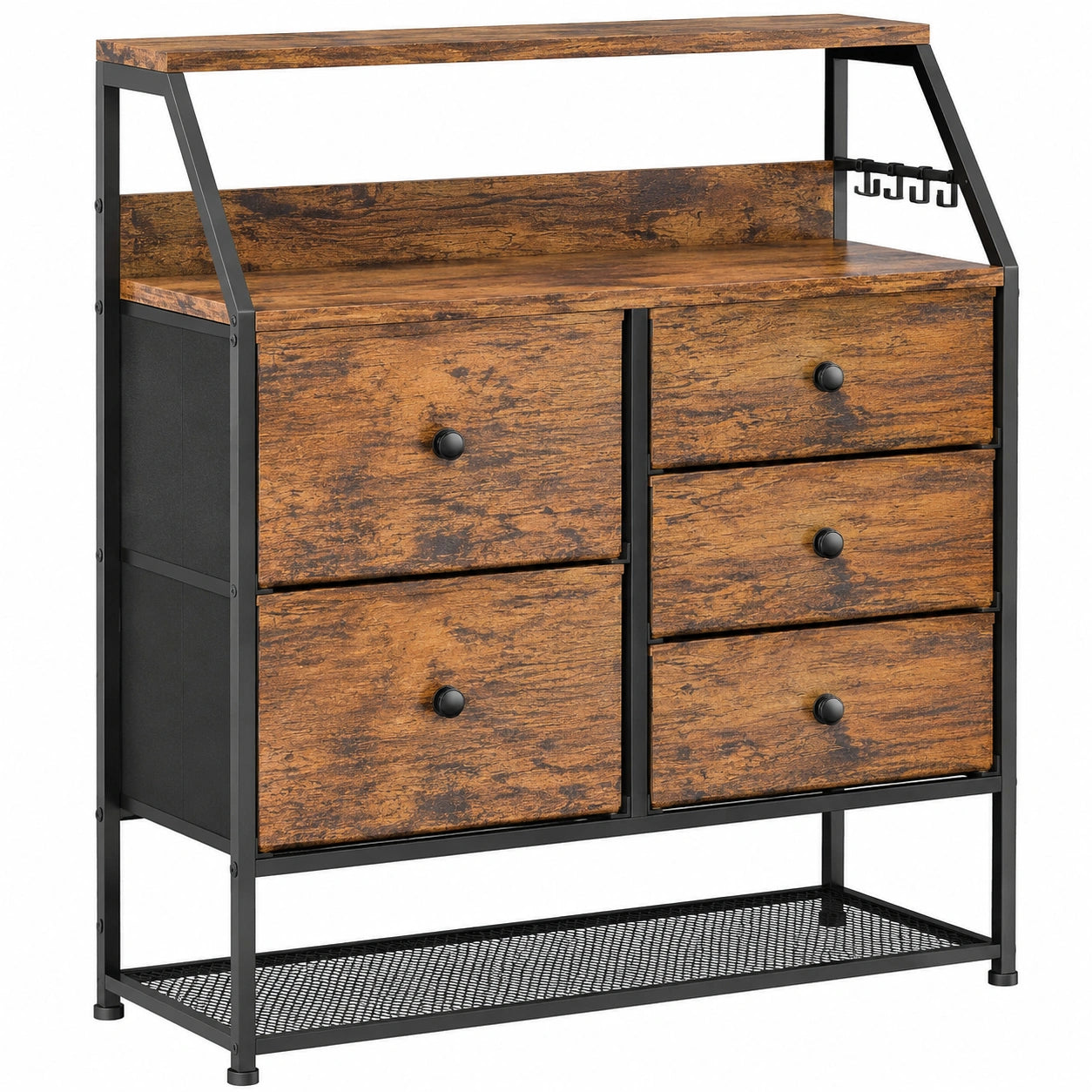 Dripex Industrieller Stoffschubladenschrank mit Holzplatte und Schuhregal, Vintagebraun-Schwarz