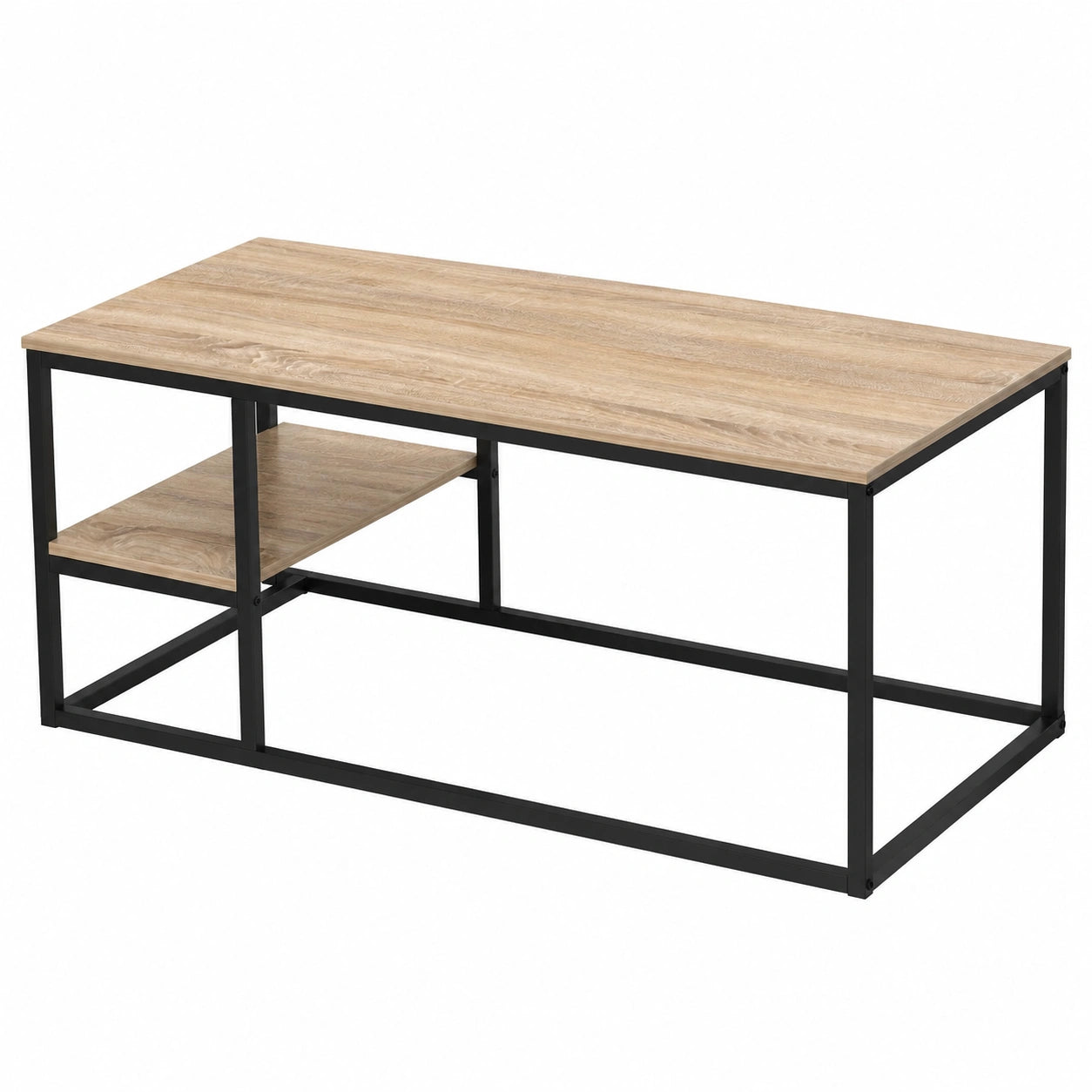 VOWNER Skandinavischer Couchtisch mit Stahlgestell und Ablagen, Industrieller Stil, Einfacher Aufbau, Holz-Beistelltisch, Wohnzimmertisch