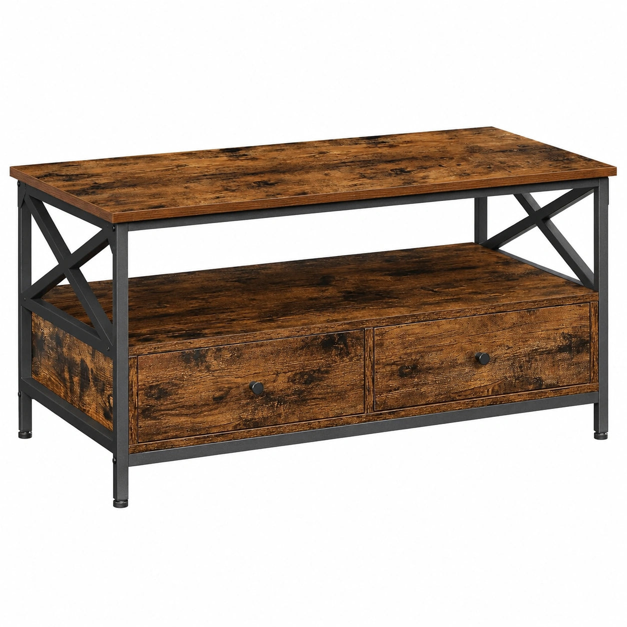 Industrieller Wohnzimmertisch mit Schubladen und X-Gestell, Vintage-Stil