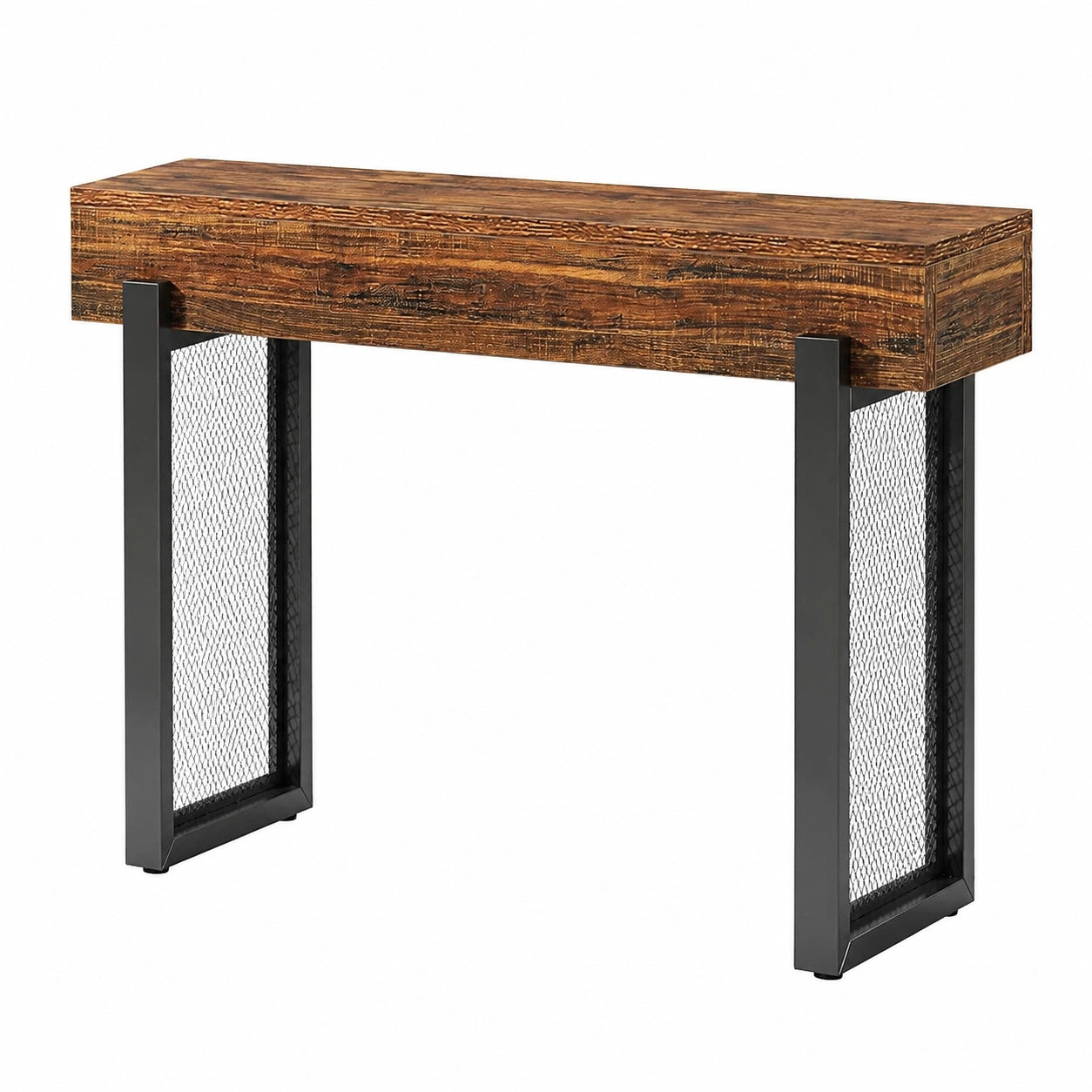 Konsolentisch im Industrie-Design, 105 cm, mit Stauraum und Metallgitterbeinen, Schmaler Beistelltisch für Wohnzimmer, Flur und Eingang, Rustikal Braun-Schwarz